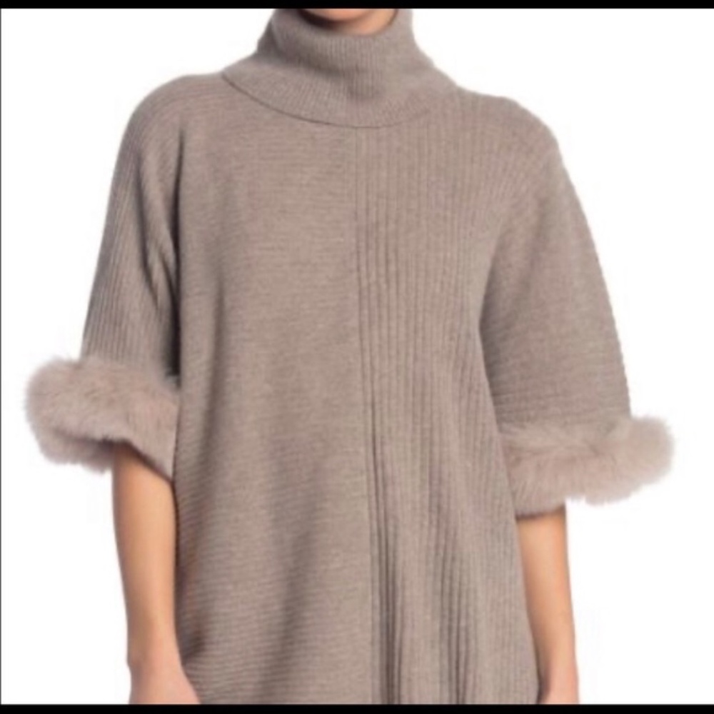 SOFIA CASHMERE TURTLENECK SWEATER PONCHO FOX FUR TRIM